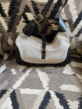 Gucci Black and White Perforated Leather Shoulder Bag with Buckle Strap